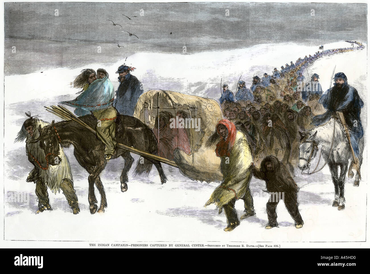Native American prisoners marched across the snowy prairie by General George Custer 1868. Hand-colored woodcut Stock Photo