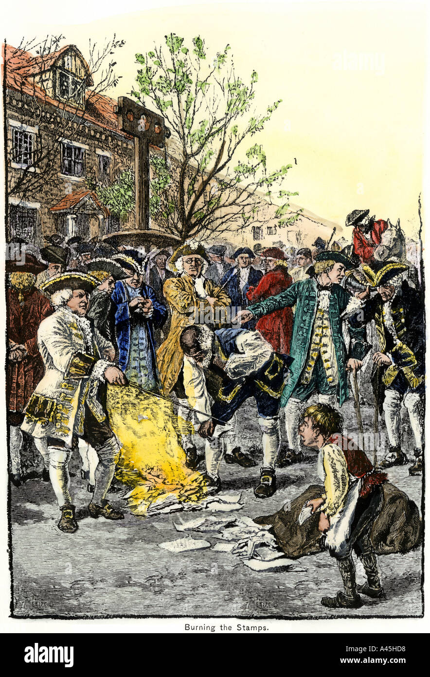 Stamp Act protestors burning stamps in New York City before the American Revolution. Hand-colored woodcut Stock Photo