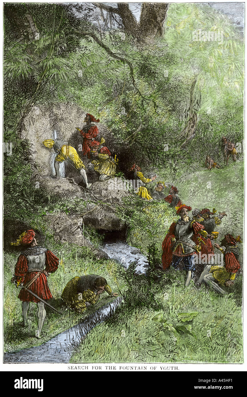 Juan Ponce de Leon expedition searching for the Fountain of Youth in Florida 1500s. Hand-colored woodcut Stock Photo
