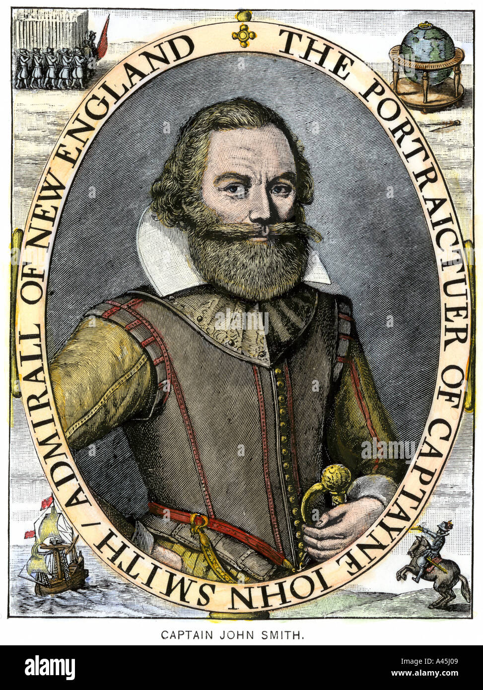 Captain John Smith colonist of Jamestown. Hand-colored woodcut Stock Photo