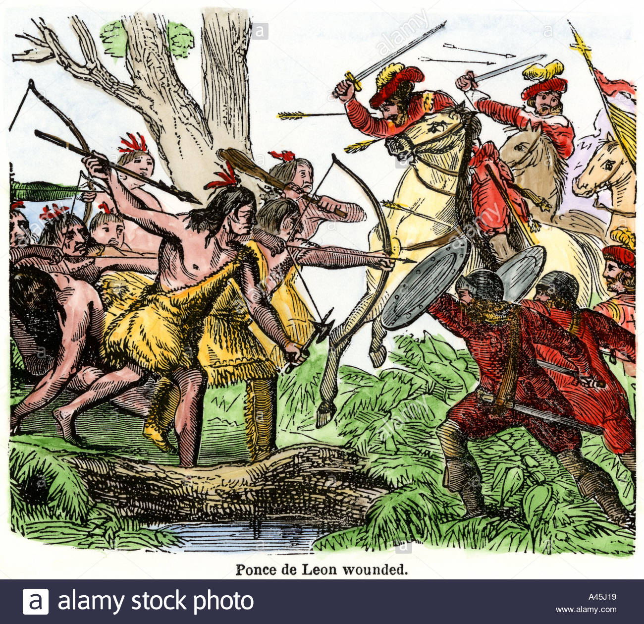 Ponce de Leon wounded by Native Americans in Florida 1521. Hand-colored woodcut Stock Photo