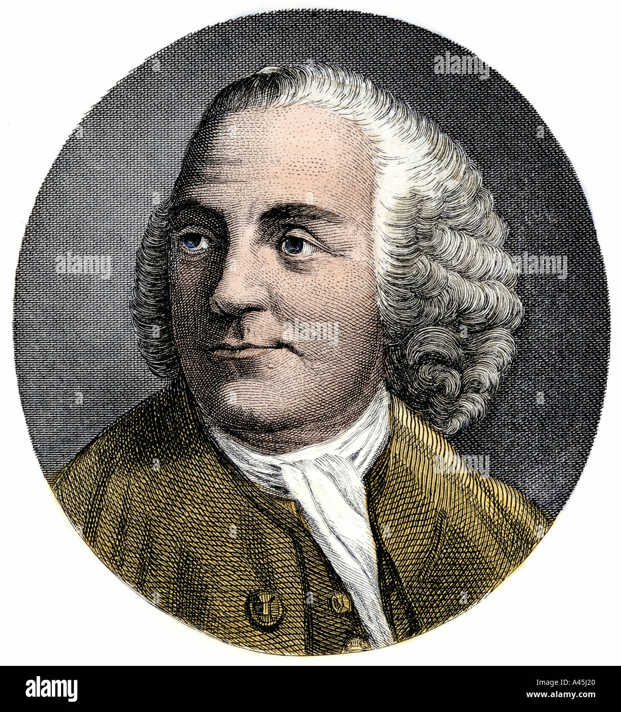 Benjamin Franklin portrait while in London 1777. Hand-colored woodcut Stock Photo