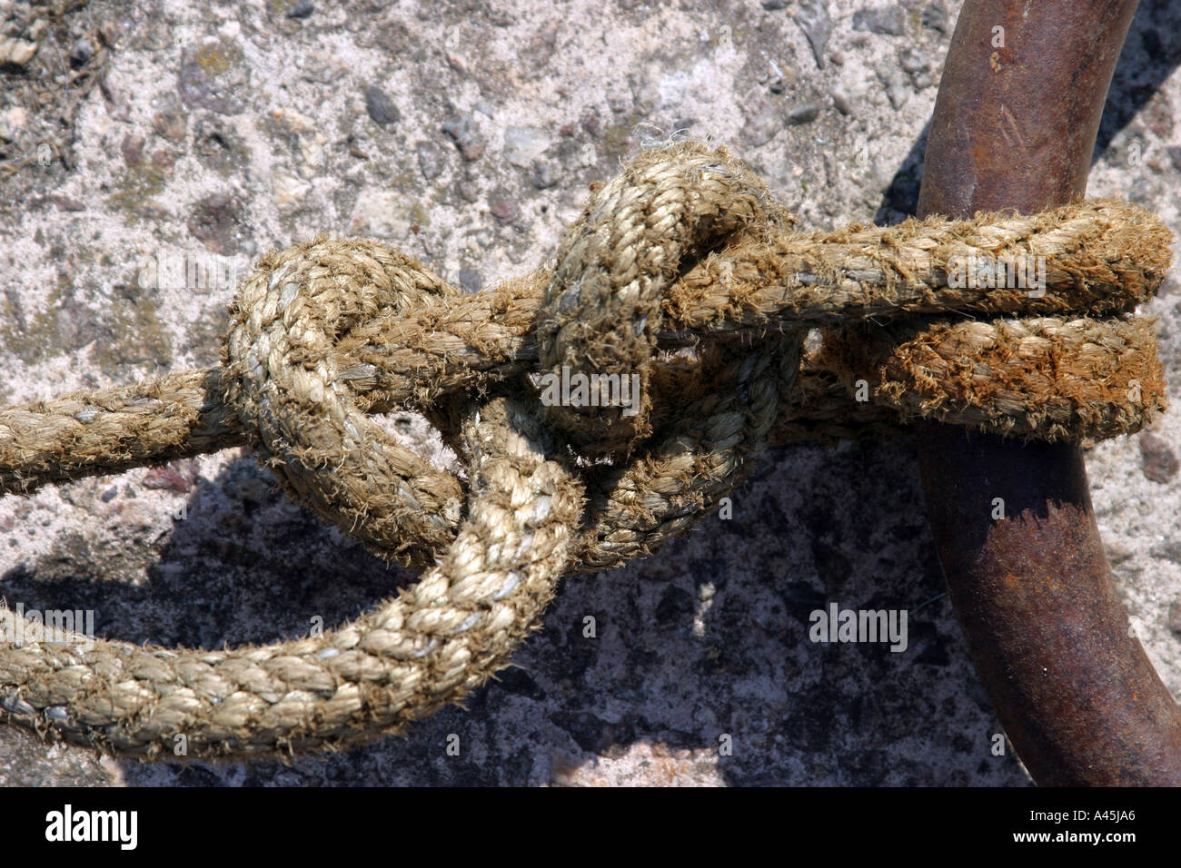 Fishermans knot in a rope connected to a rusty ring Stock Photo