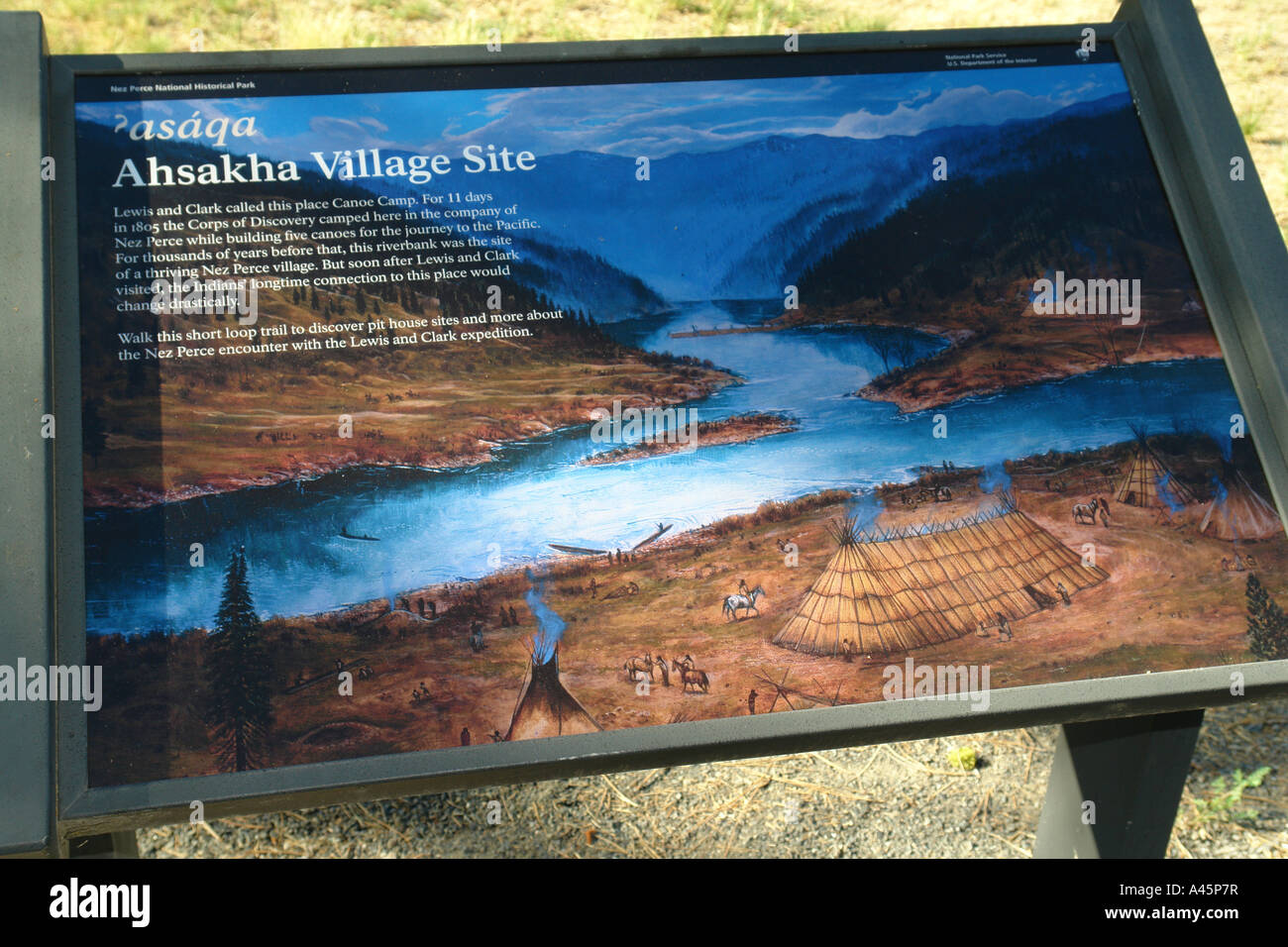 AJD56138, Orofino, ID, Idaho, Clearwater River, Ahsahka, Lewis & Clark Canoe Camp, Nez Perce National Historical Park Stock Photo