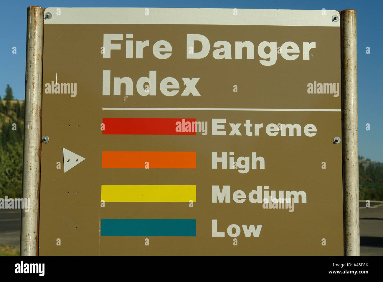 AJD56141, Orofino, ID, Idaho, Fire Danger Index sign, High Stock Photo