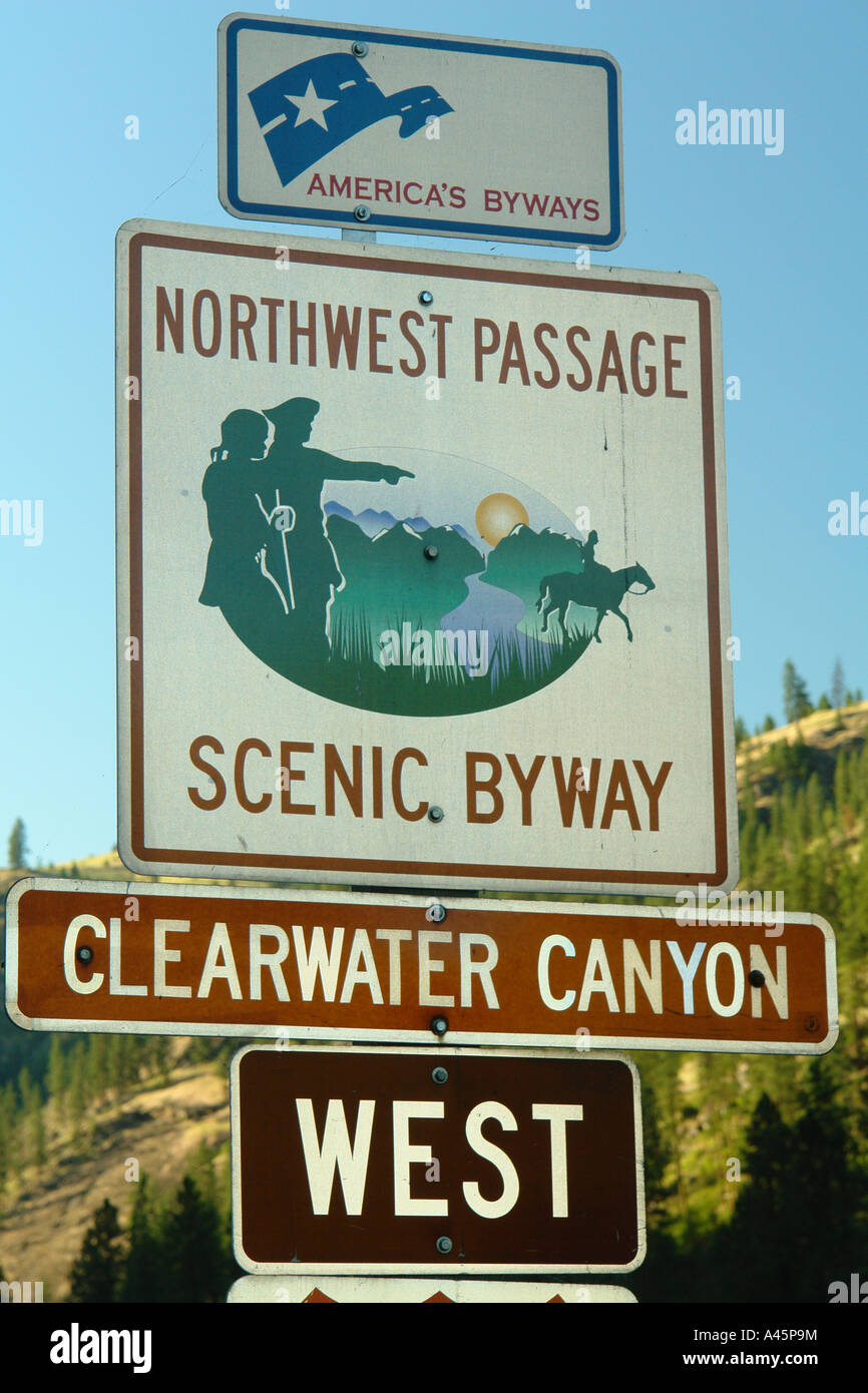 AJD56146, Ahsahka, ID, Idaho, Clearwater River, Northwest Passage National Scenic Byway, road sign, Route 12 West Stock Photo