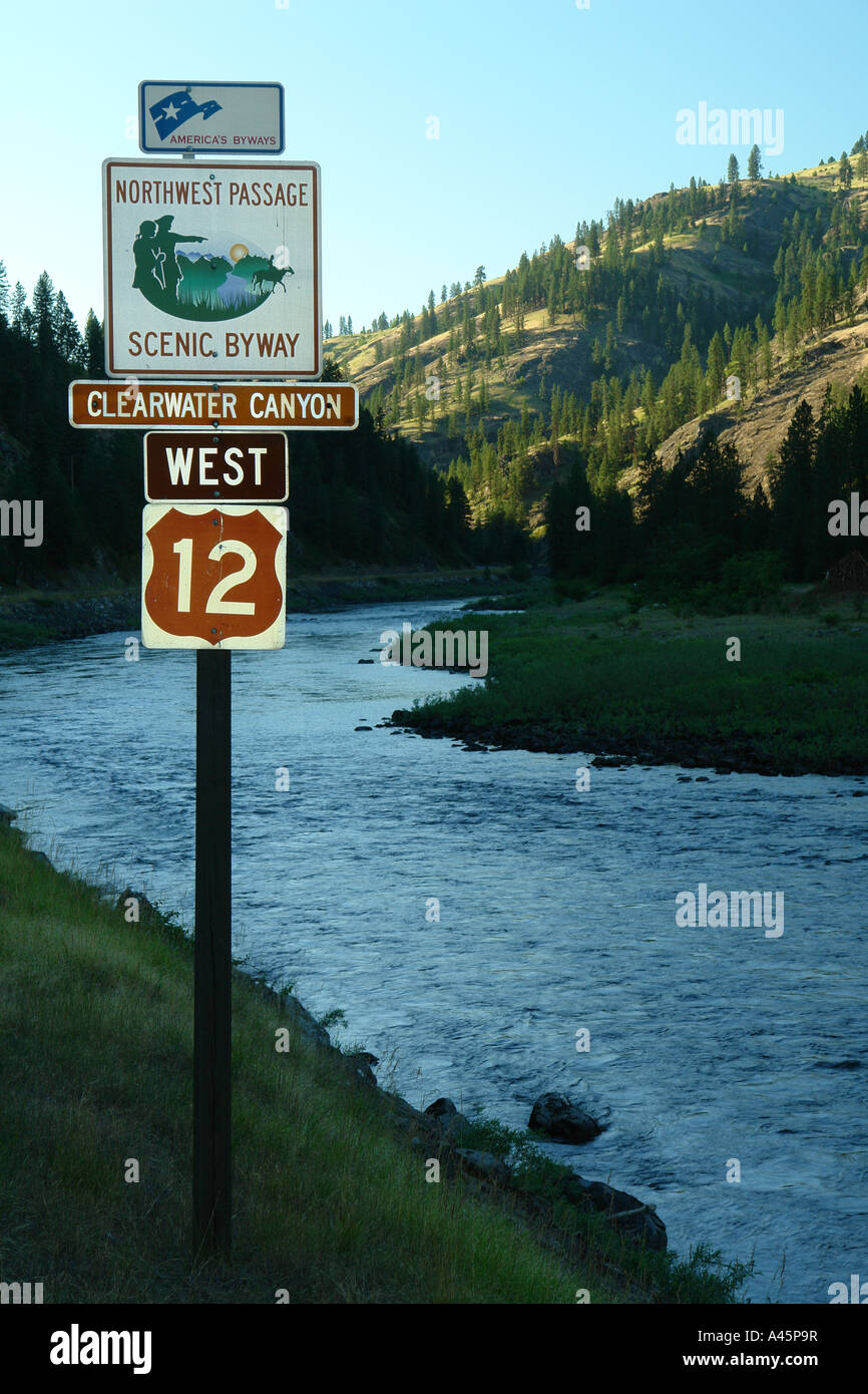 AJD56147, Ahsahka, ID, Idaho, Clearwater River, Northwest Passage National Scenic Byway, road sign, Route 12 West Stock Photo