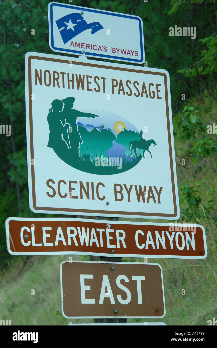 AJD56149, Ahsahka, ID, Idaho, Clearwater River, The Northwest Passage National Scenic Byway, Clearwater Canyon, road sign Stock Photo