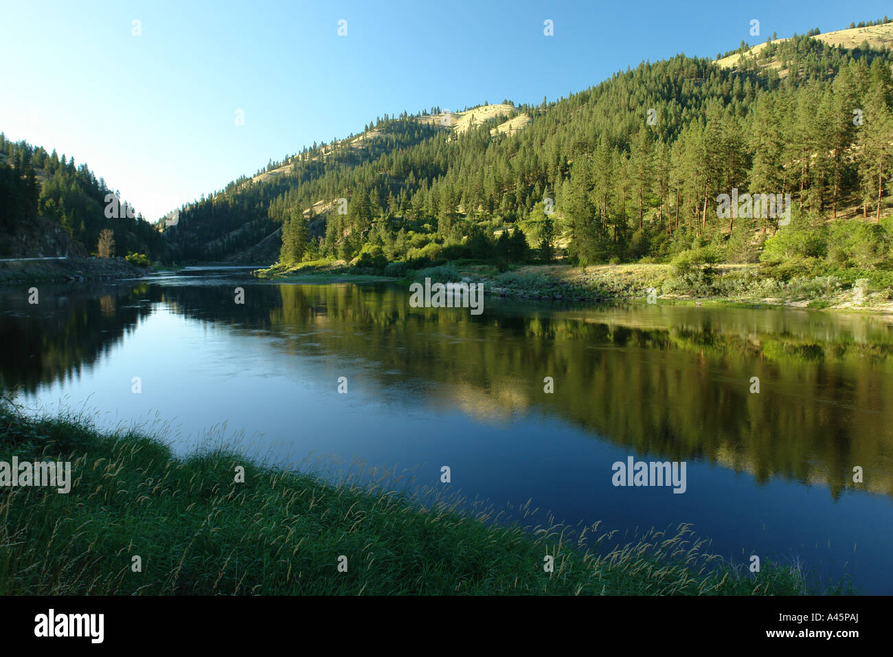 AJD56150, Ahsahka, ID, Idaho, Clearwater River, Northwest Passage National Scenic Byway, Clearwater River Canyon Stock Photo