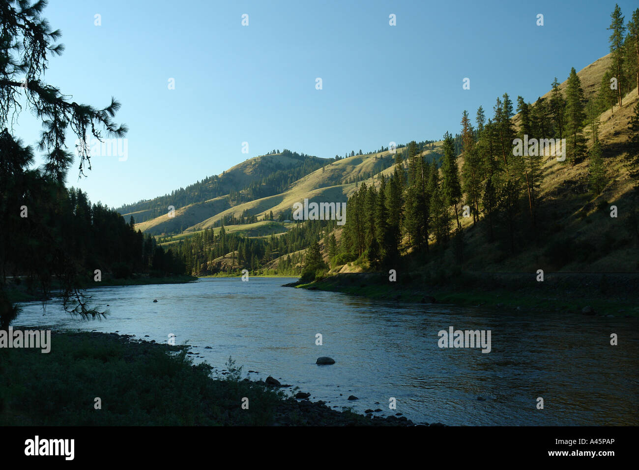 AJD56151, Ahsahka, ID, Idaho, Clearwater River, Northwest Passage National Scenic Byway, Clearwater River Canyon Stock Photo