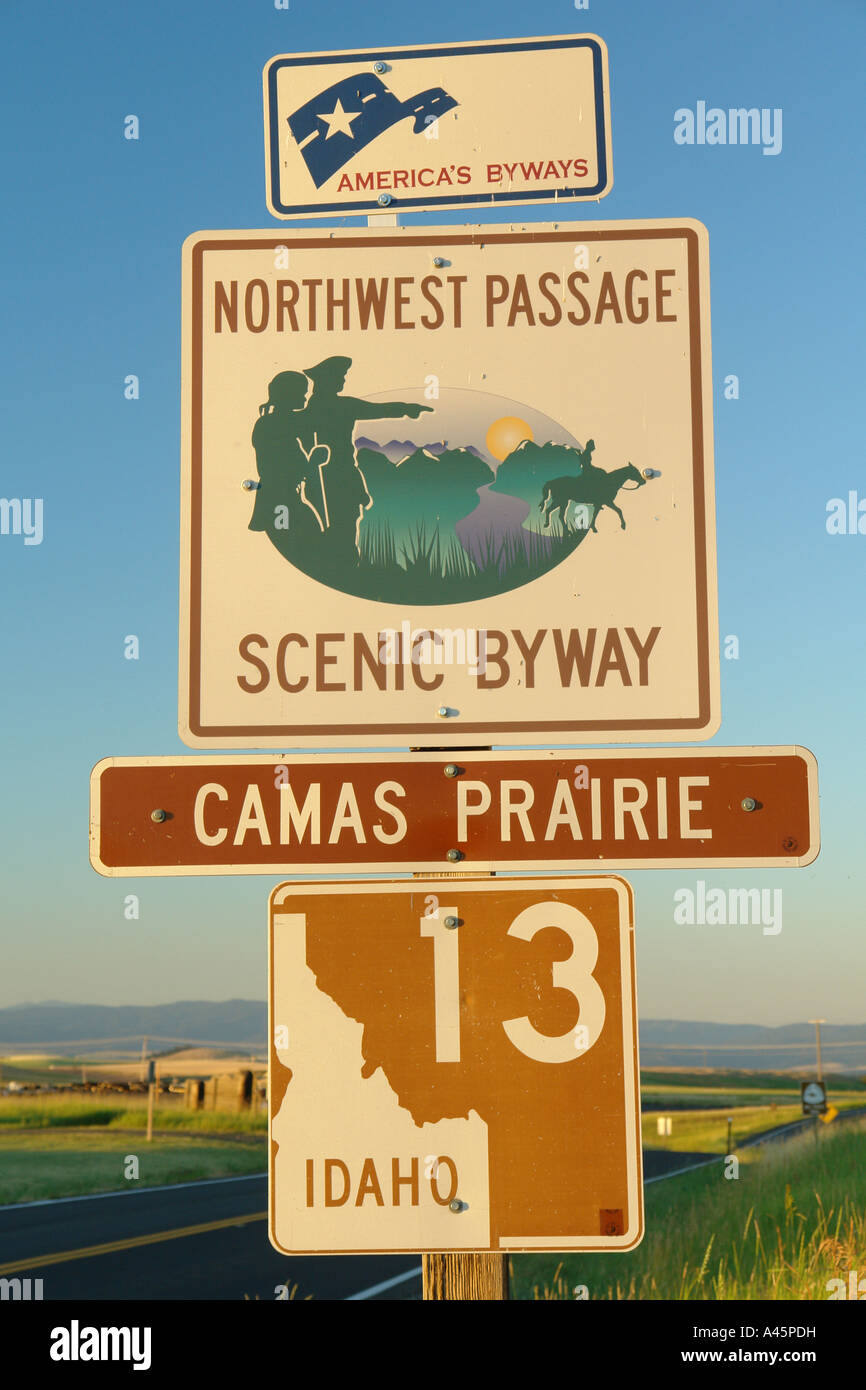 AJD56162, Grangeville, ID, Idaho, Camas Prairie, Northwest Passage Scenic Byway, Route 13, road sign Stock Photo