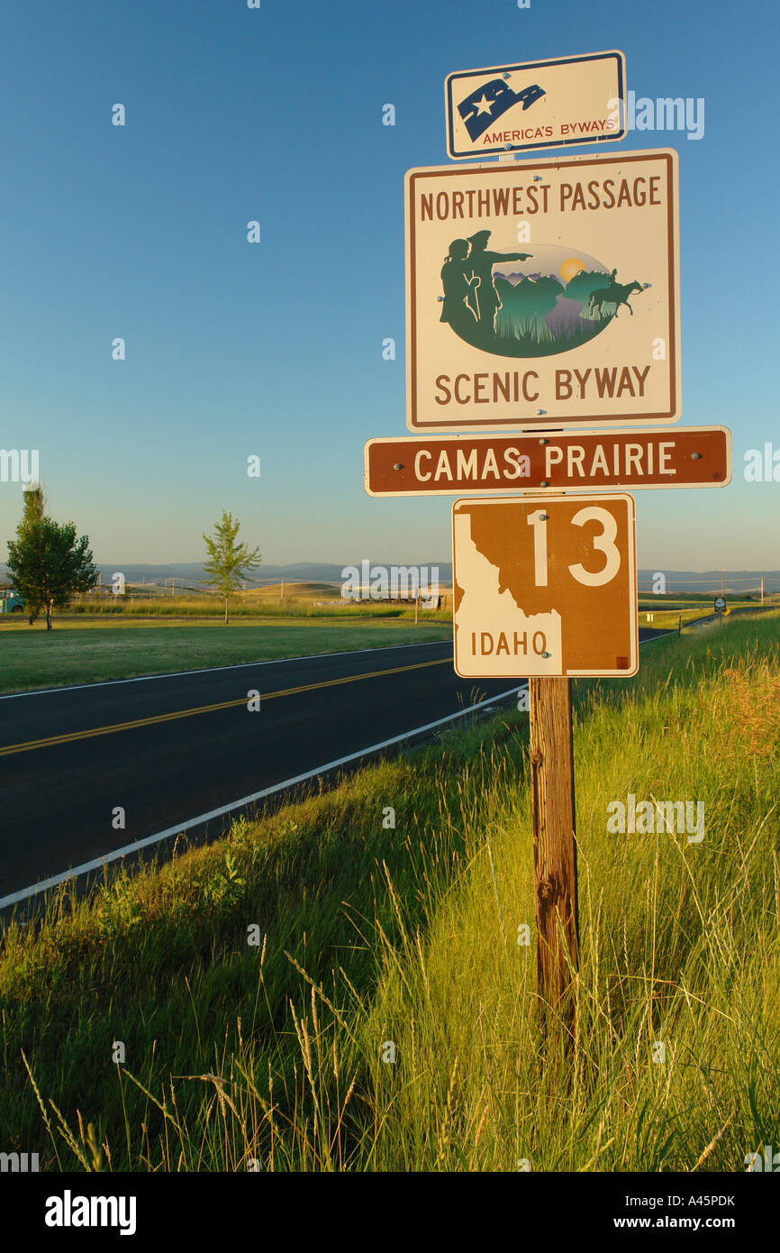 AJD56163, Grangeville, ID, Idaho, Camas Prairie, Northwest Passage Scenic Byway, Route 13, road sign Stock Photo