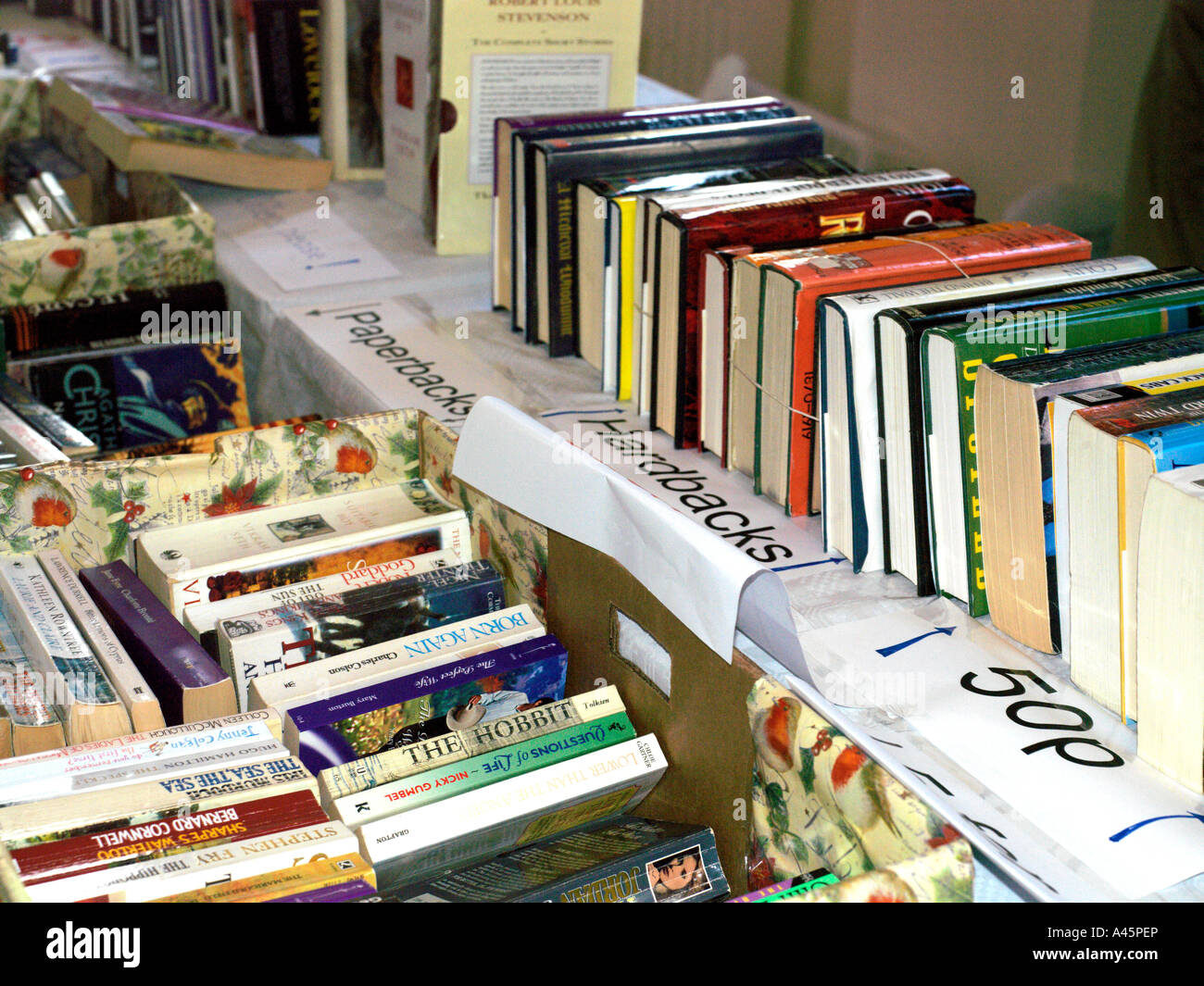 Books at Church Book sale St Andrews Cheam Surrey England Stock Photo