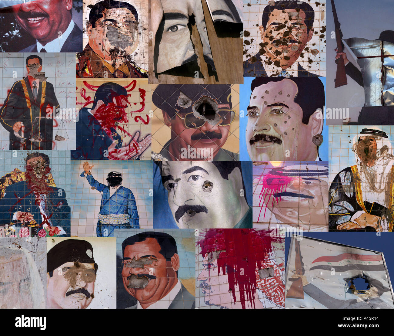a photomontage of defaced portraits of deposed iraqi dictator saddam hussein taken during the second gulf war in iraq Stock Photo
