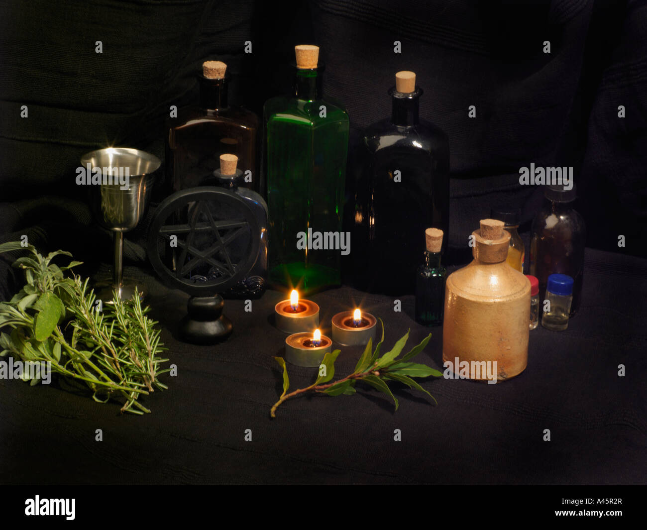 Potion Bottles & Herbs Stock Photo