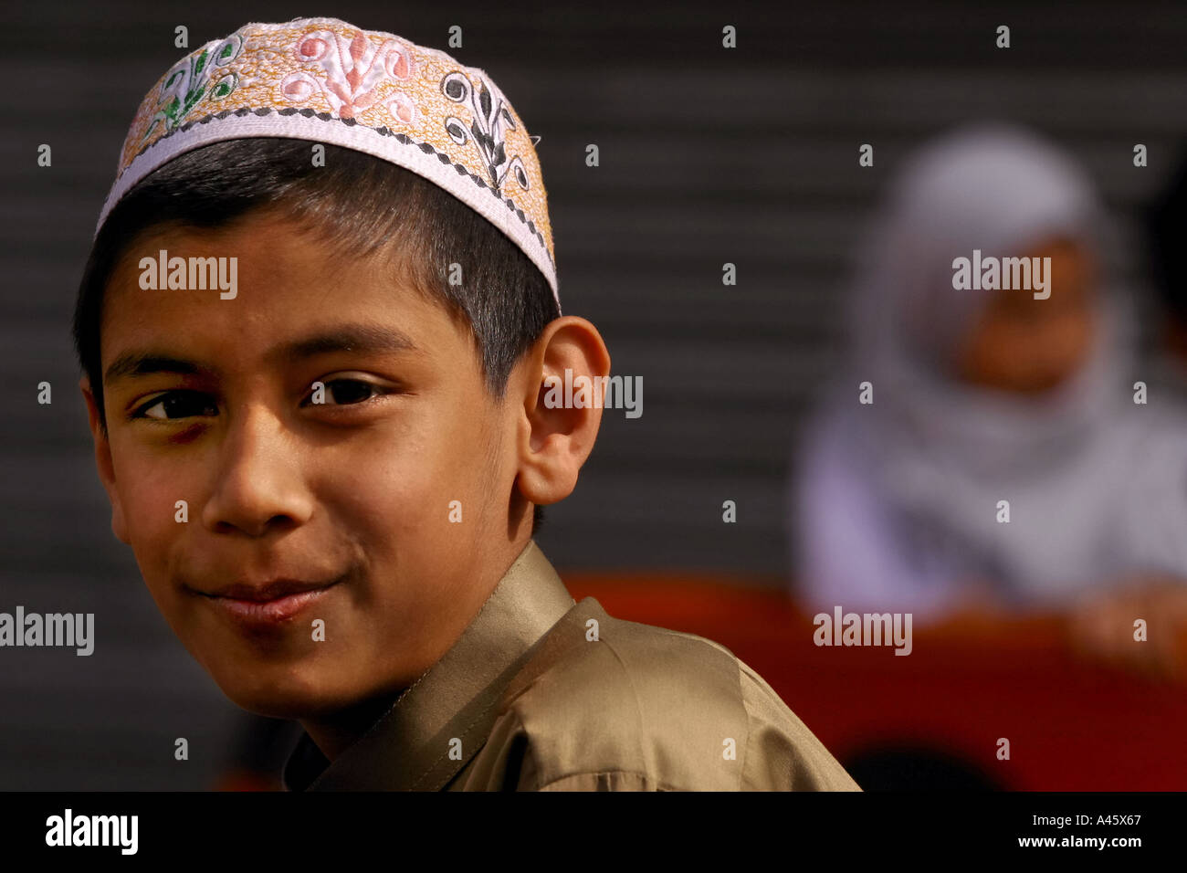 a muslim boy at a fair to open the new london muslim centre an annex to the east london mosque in whitechapel in the east end of london Stock Photo