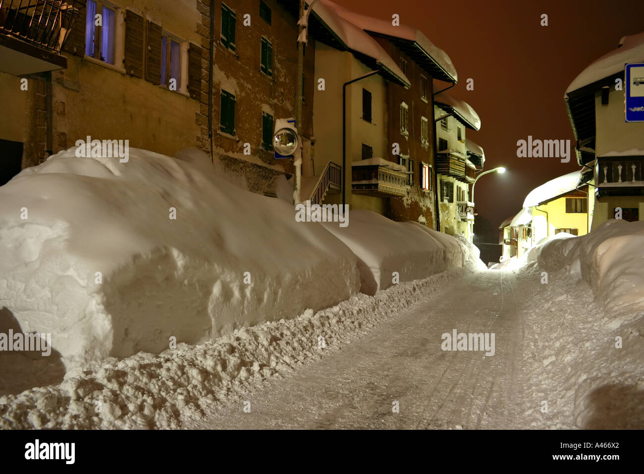 Panorama small country mounts san sebastiano with snow and lights soft Stock Photo