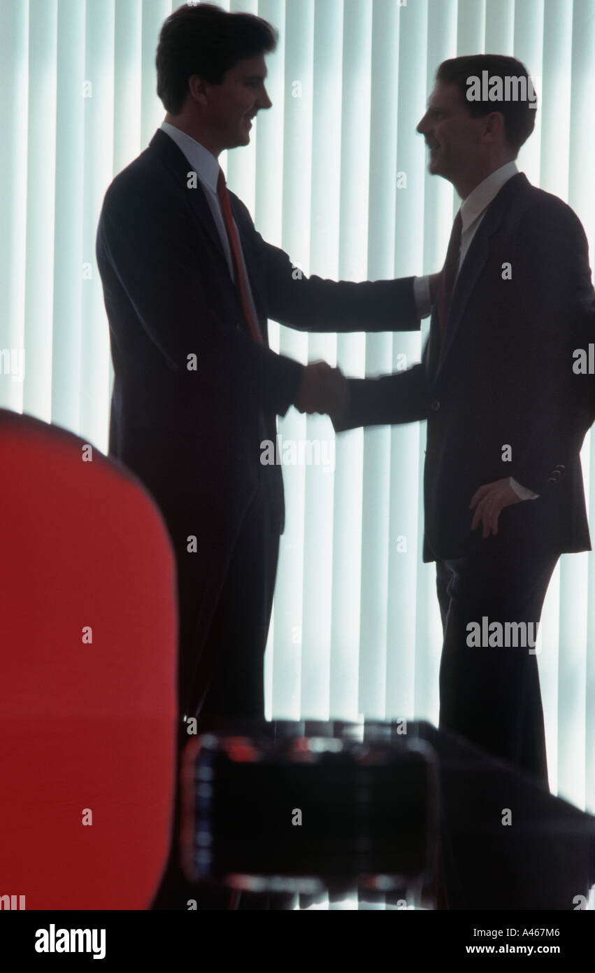 Two male executives shaking hands in office Stock Photo