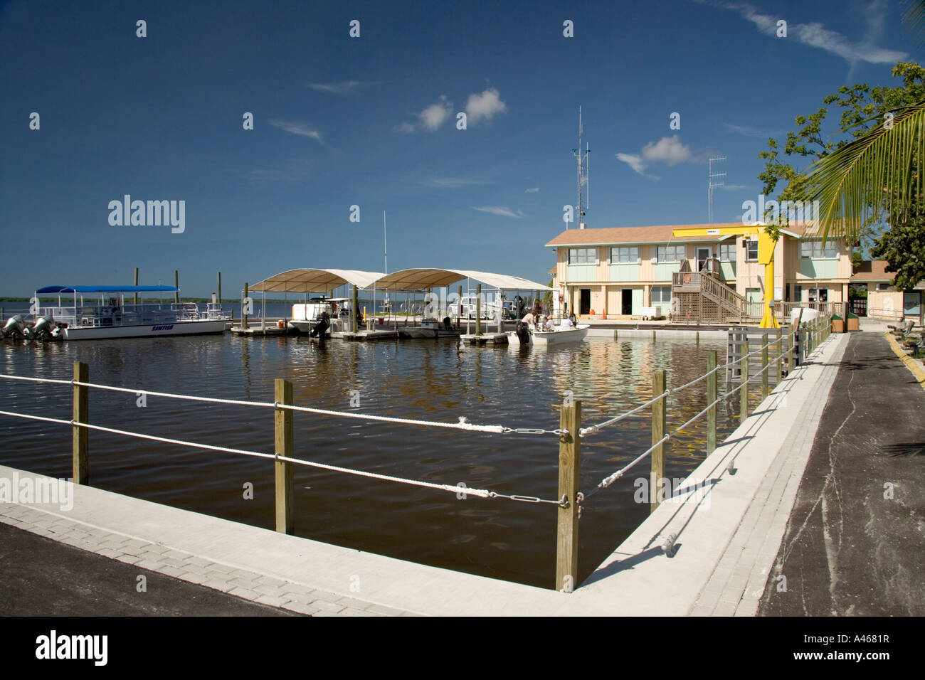 Everglades National Park, moorage with fishing boats, Gulf Coast Visitor Center. Stock Photo