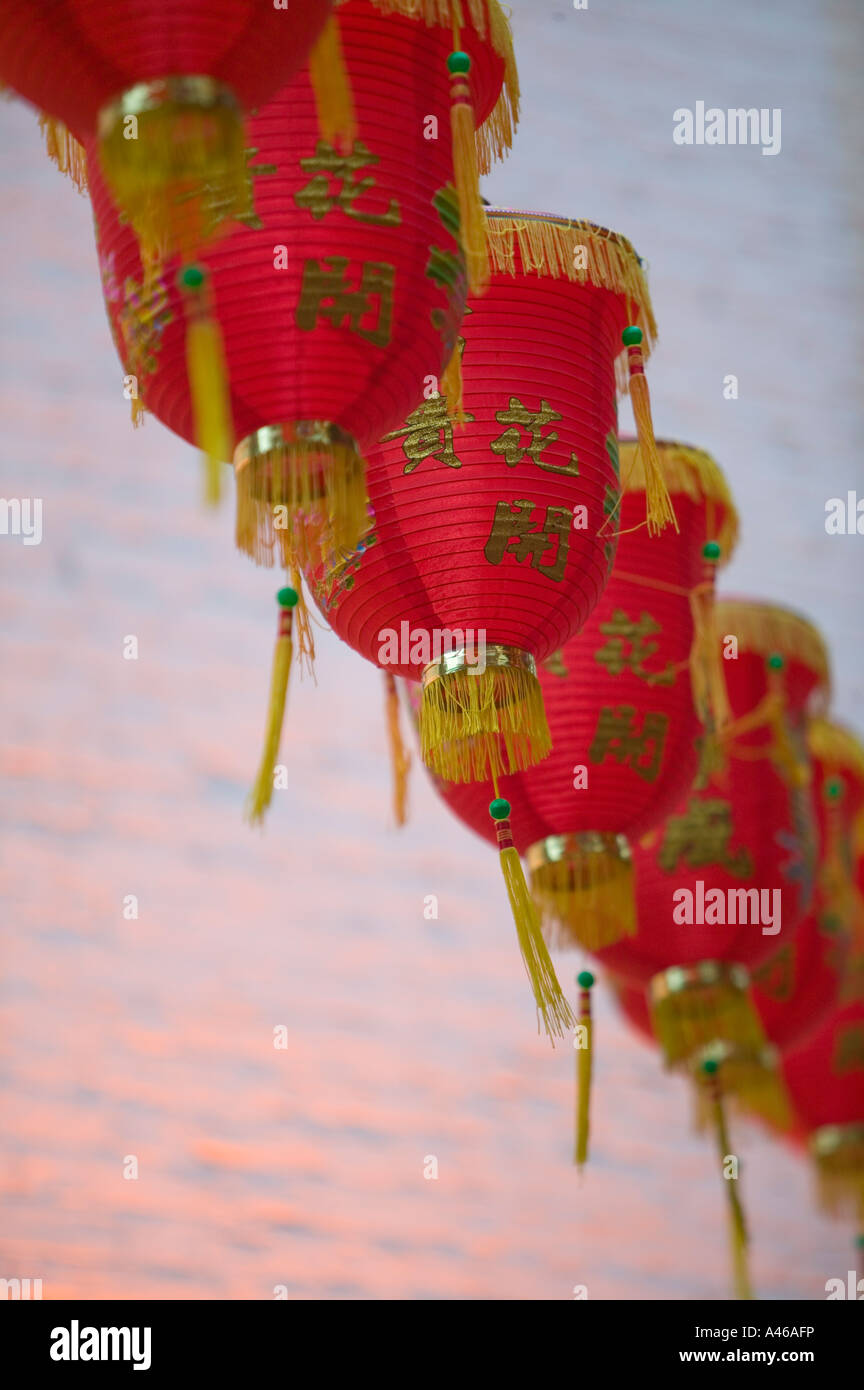 String of traditional red Chinese lanterns, New Year celebrations, Chinatown, London, England