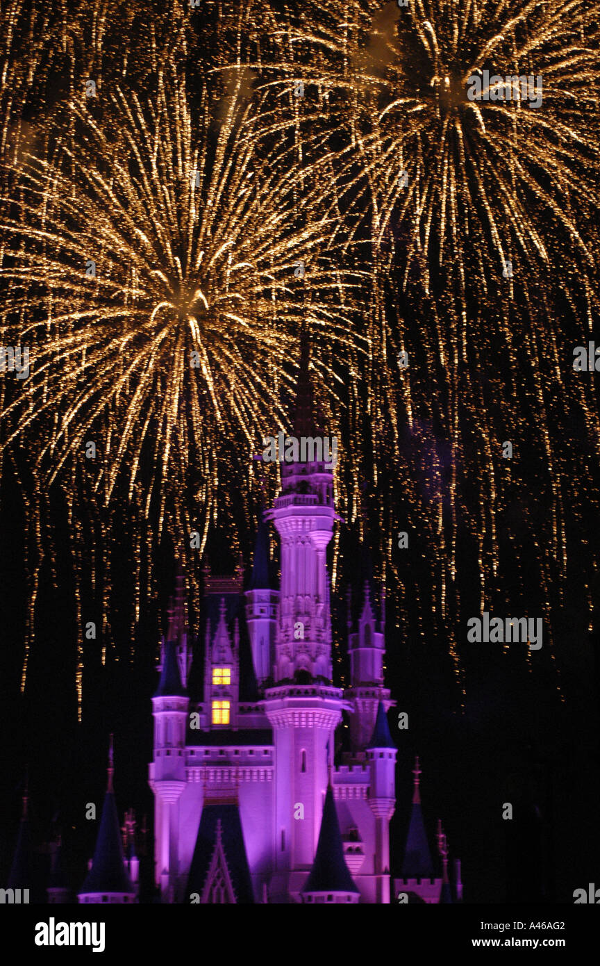 Disney World Magic Kingdom Cinderella Castle At Night Fireworks Action Display Dazzle Magical Dark Background Stock Photo Alamy