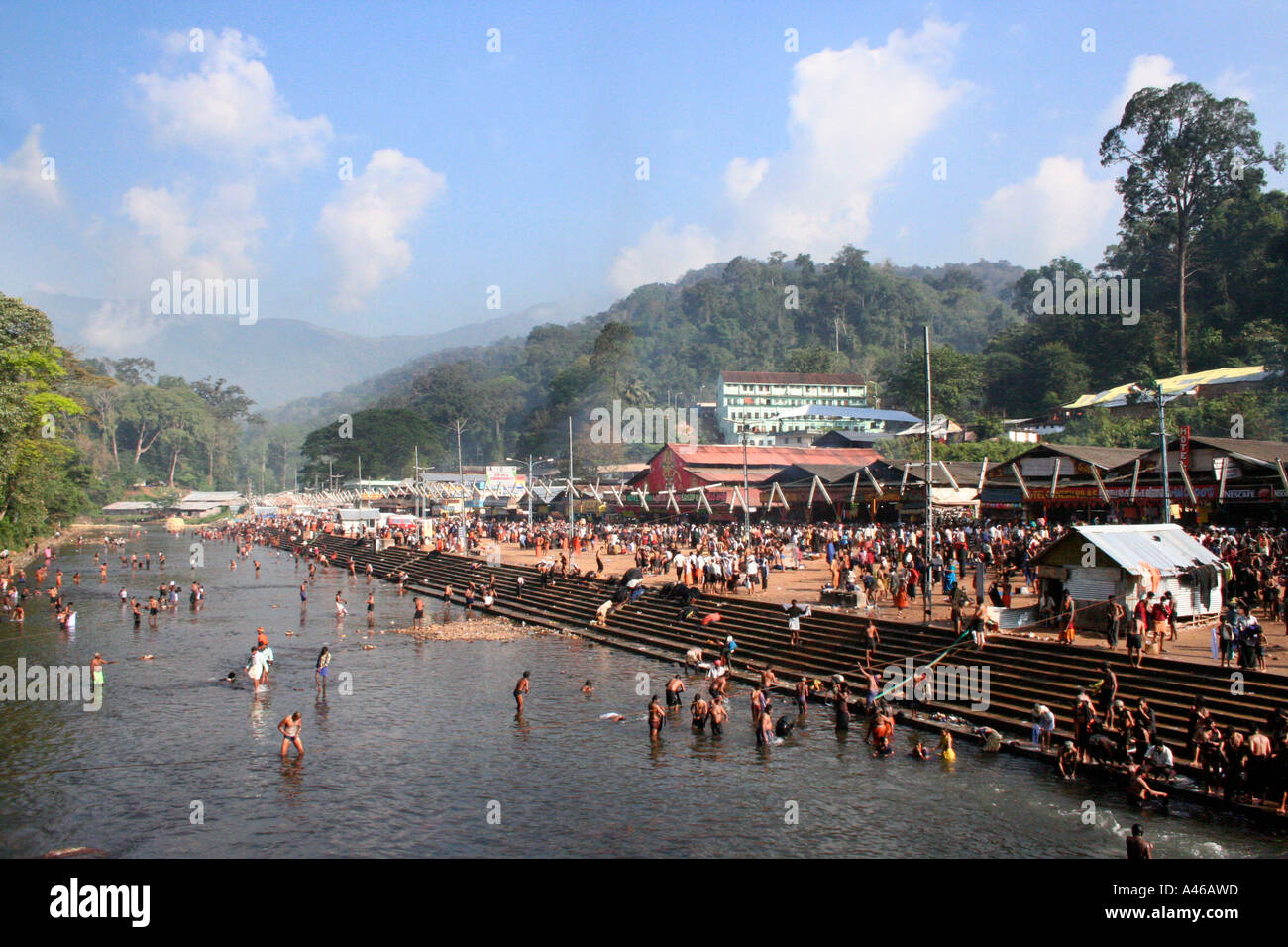 Hinduism - Lord ayyappas devotees taking the holy dip at the sacred river pamba -Kerala. Stock Photo