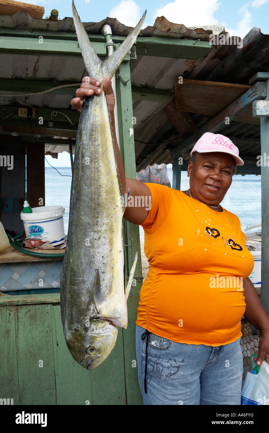 Woman hlding up a large Dolphin Fish Mahi Mah It has white meat and a delicate flavour Stock Photo