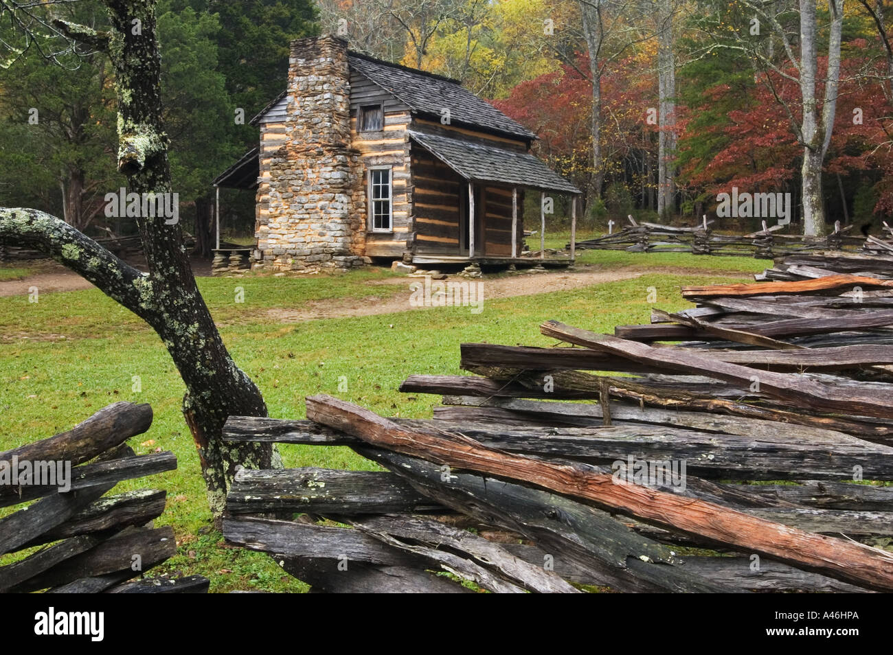 John Oliver Cabin Rail Fence Cades Cove Great Smoky Mountains National Park Tennessee Stock Photo