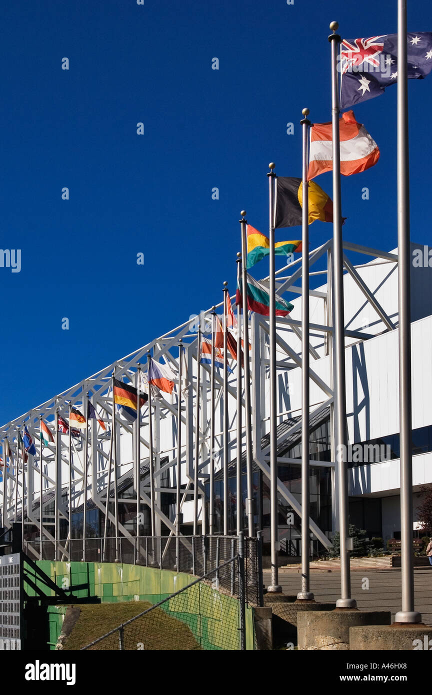 National Flags On Display At The Lake Placid Olympic Center Home Of The 1932 1980 Winter Olympics Lake Placid New York Stock Photo