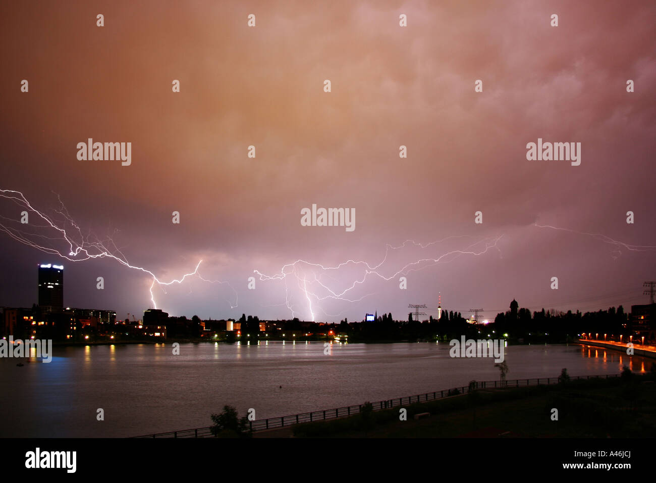 A lightning strike over Berlin, Germany Stock Photo