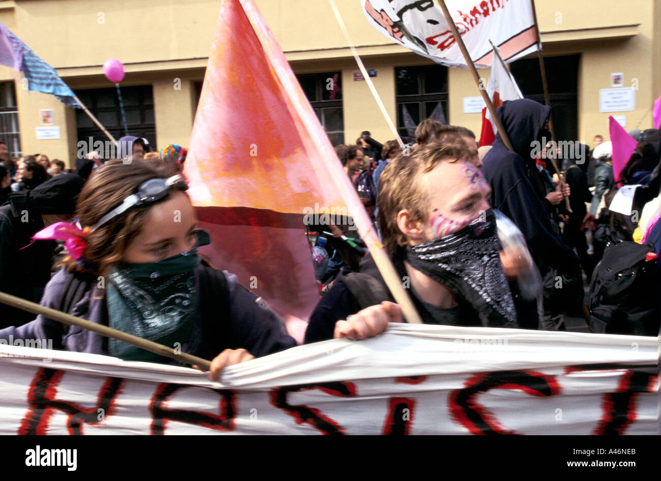 Young protesters with placards protests at the 55th annual meeting of the IMF World Bank Prague Czech Republic Stock Photo