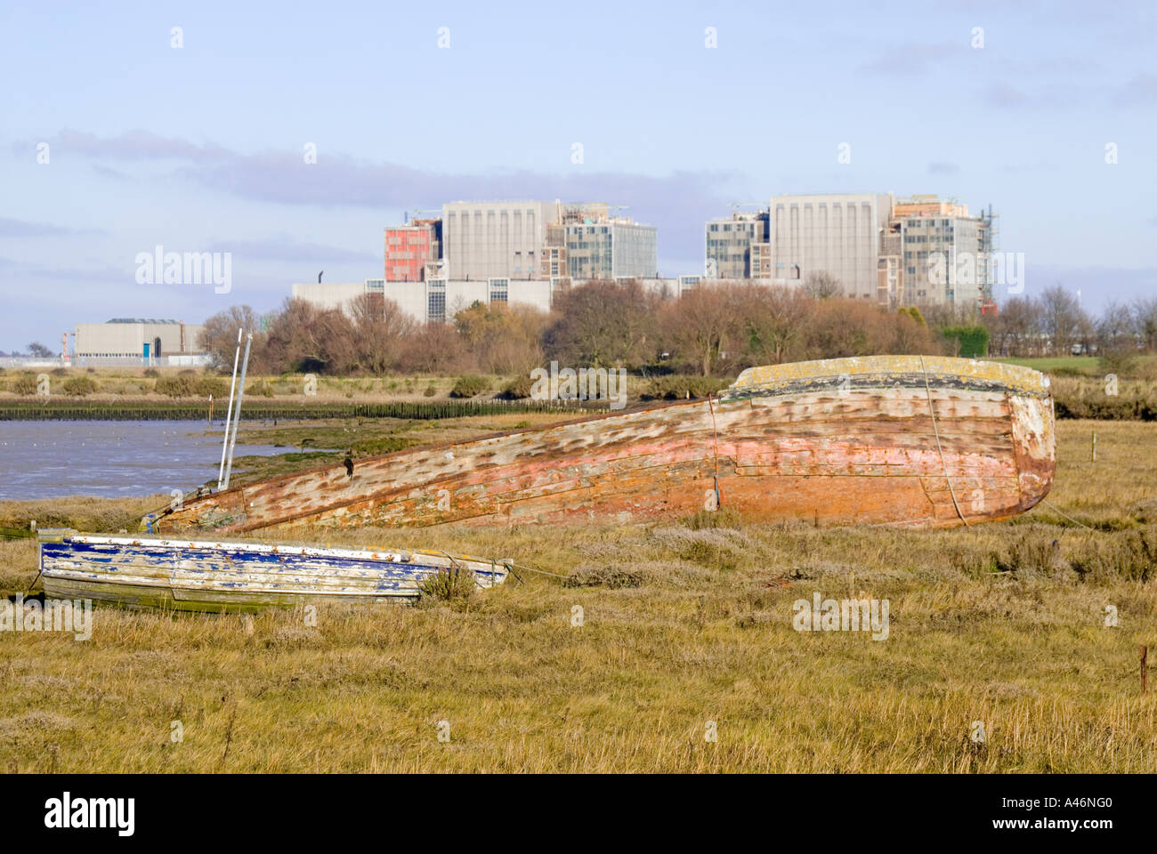 River Blackwater abandoned boat hull on riverside landscape with