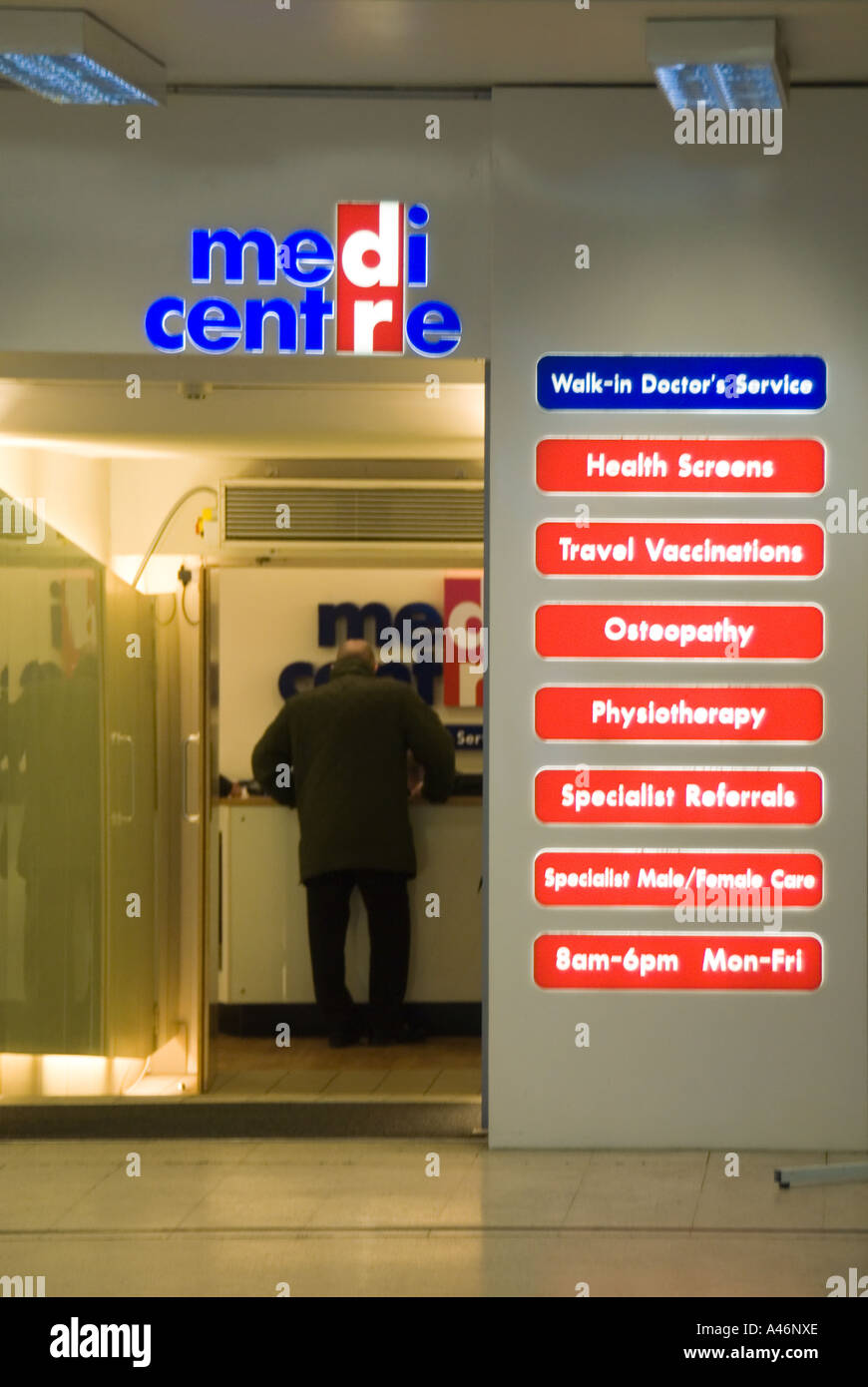 London Cannon Street railway station walk in Doctors Medi centre entrance with signs listing services Stock Photo