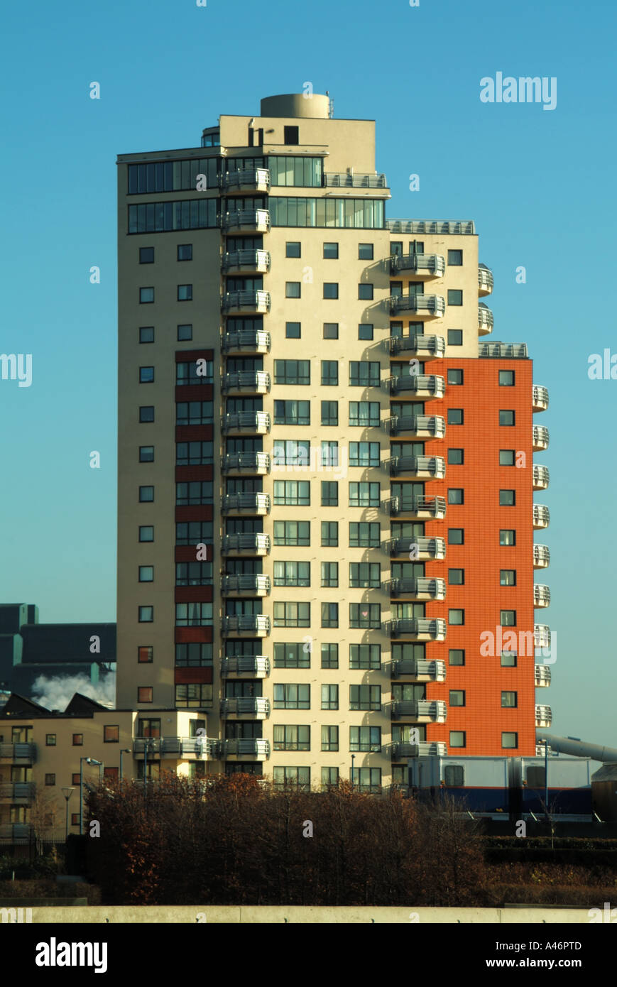 London high rise apartment block beside River Thames Flood Barrier