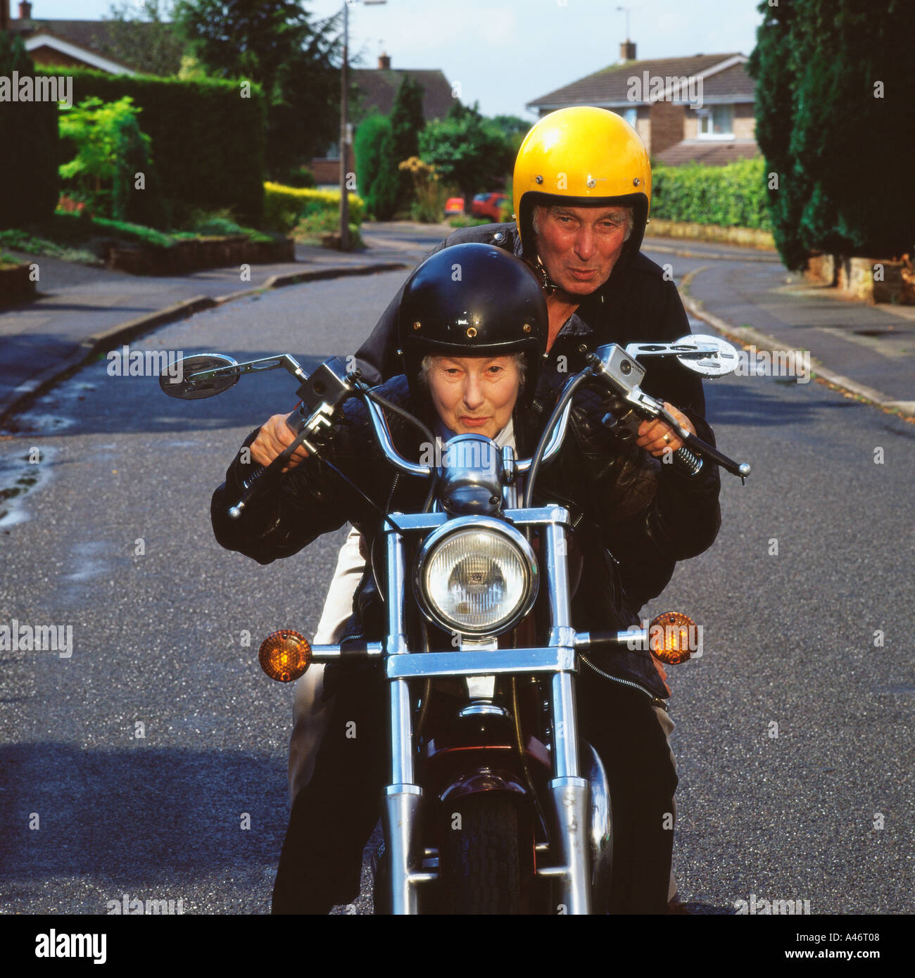 Senior couple on motorcycle Stock Photo