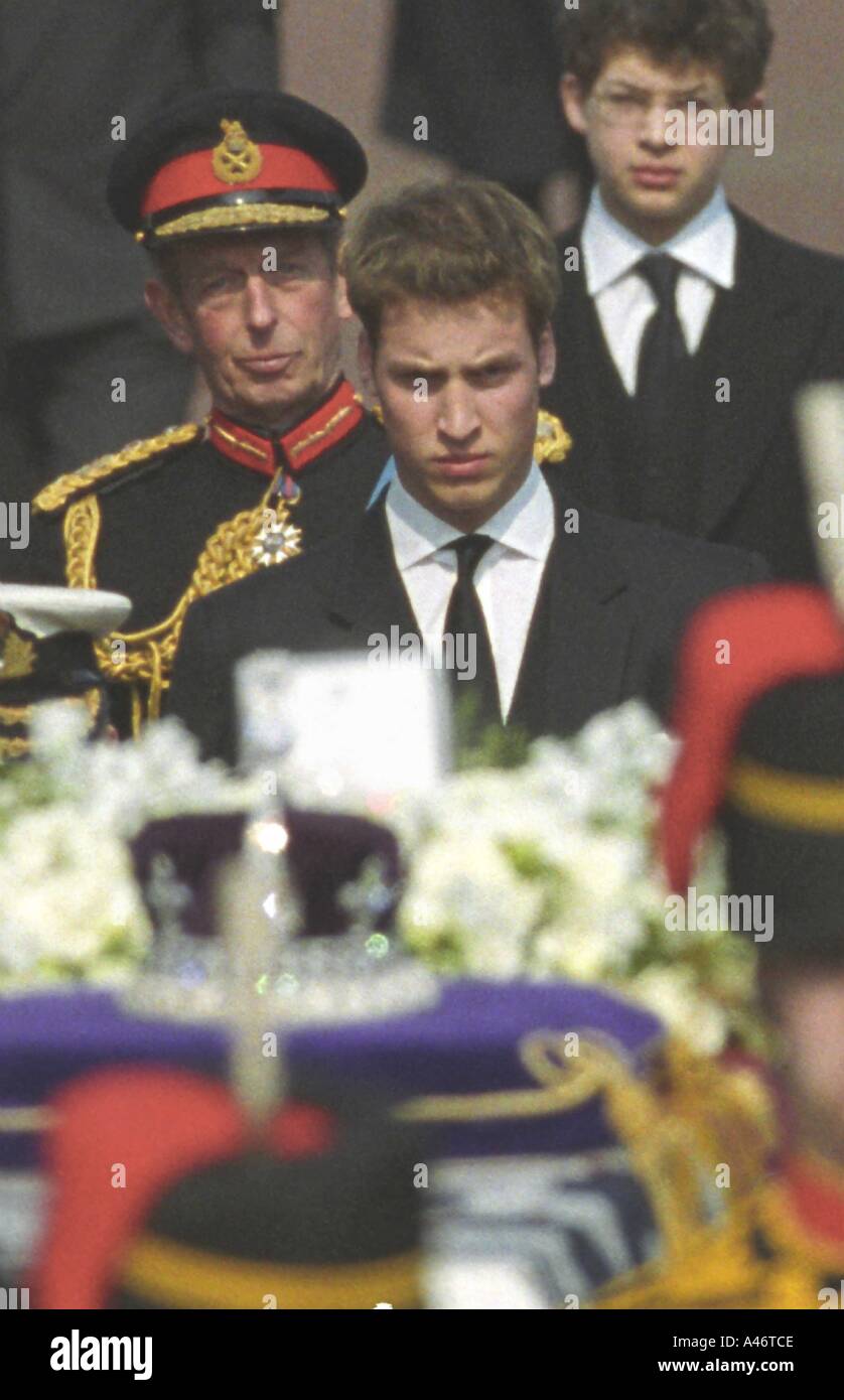 Prince William and Prince Michael of Kent walk behind the Queen Mother' s coffin at her funeral The Mall London Stock Photo