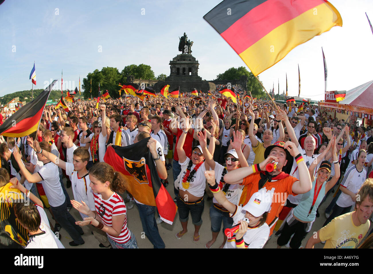 Thousands of spectators at the o public viewing of the opening of soccer world-cup 2006 at the German Corner, Koblenz Stock Photo