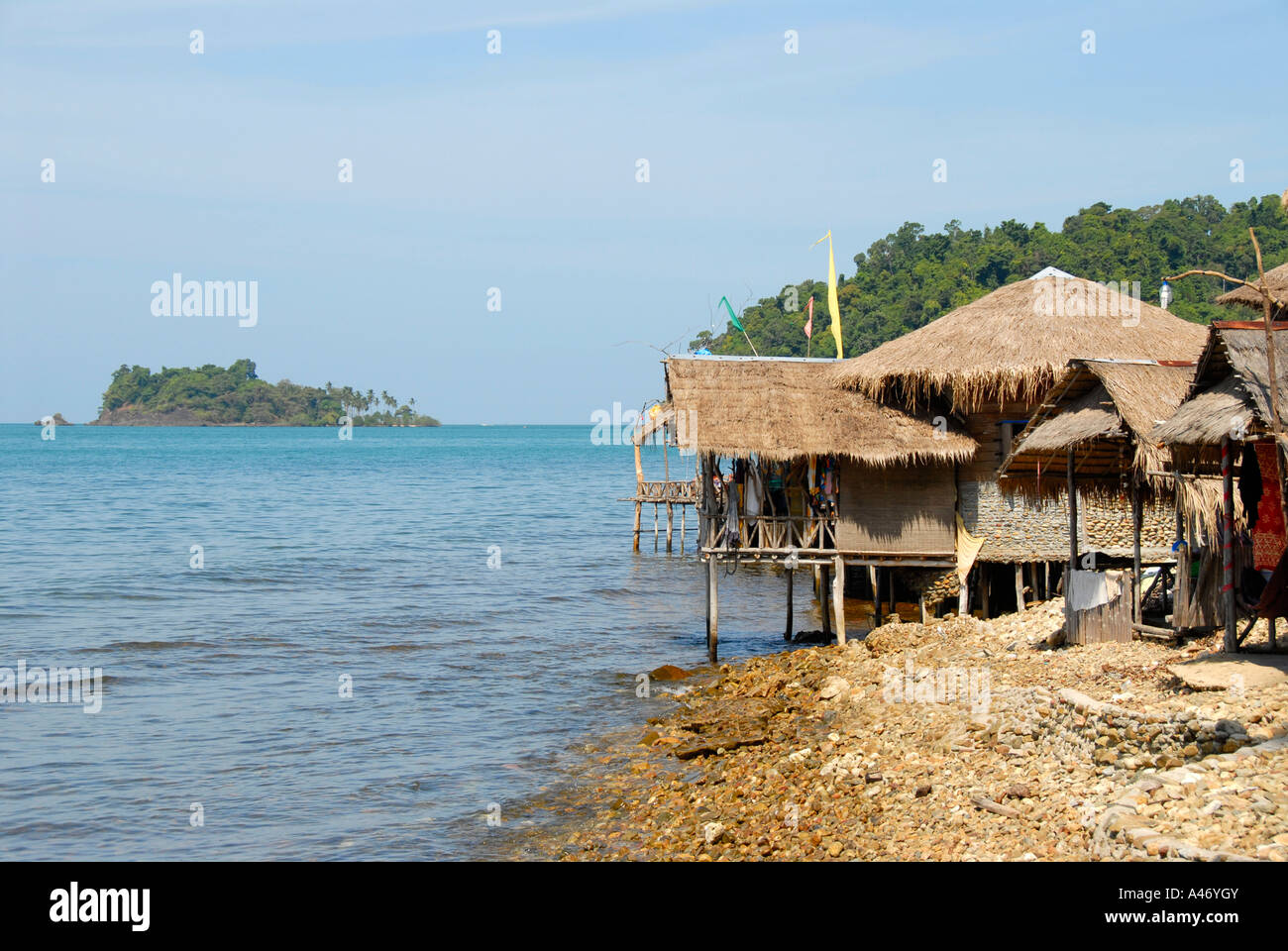 Simple hut made of bamboo and rattan right at the shore Lonely Beach Hat Tha Nam Koh Chang Thailand Stock Photo