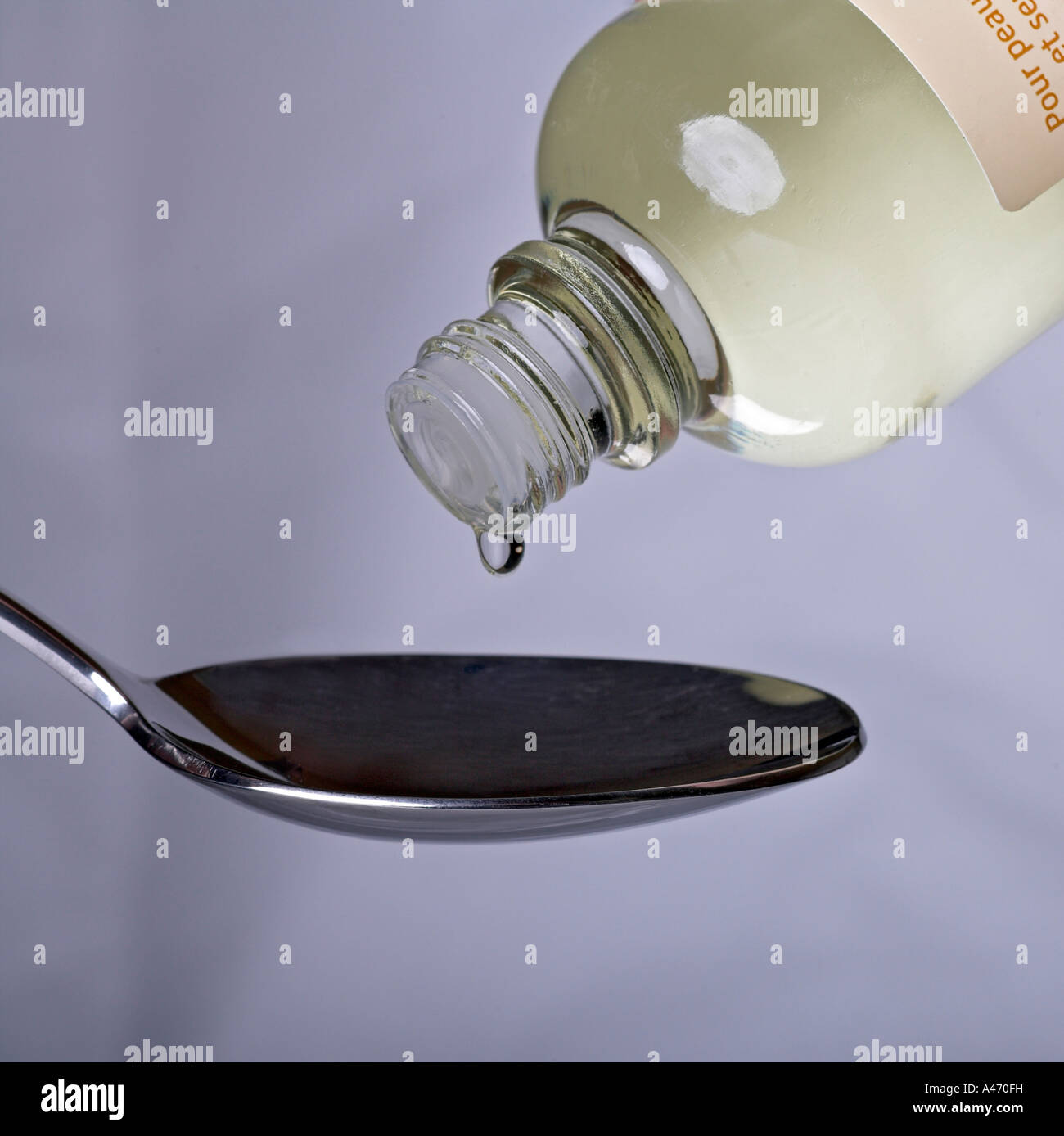 Medicine dripping from a bottle onto a spoon Stock Photo Alamy