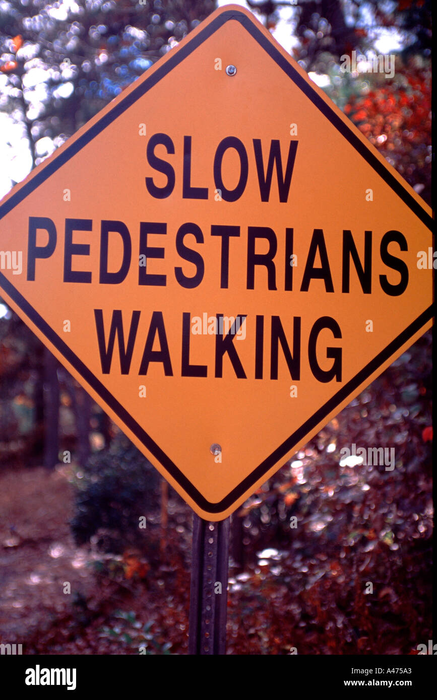 Road sign reading, 'slow Pedestrians walking'. Stock Photo