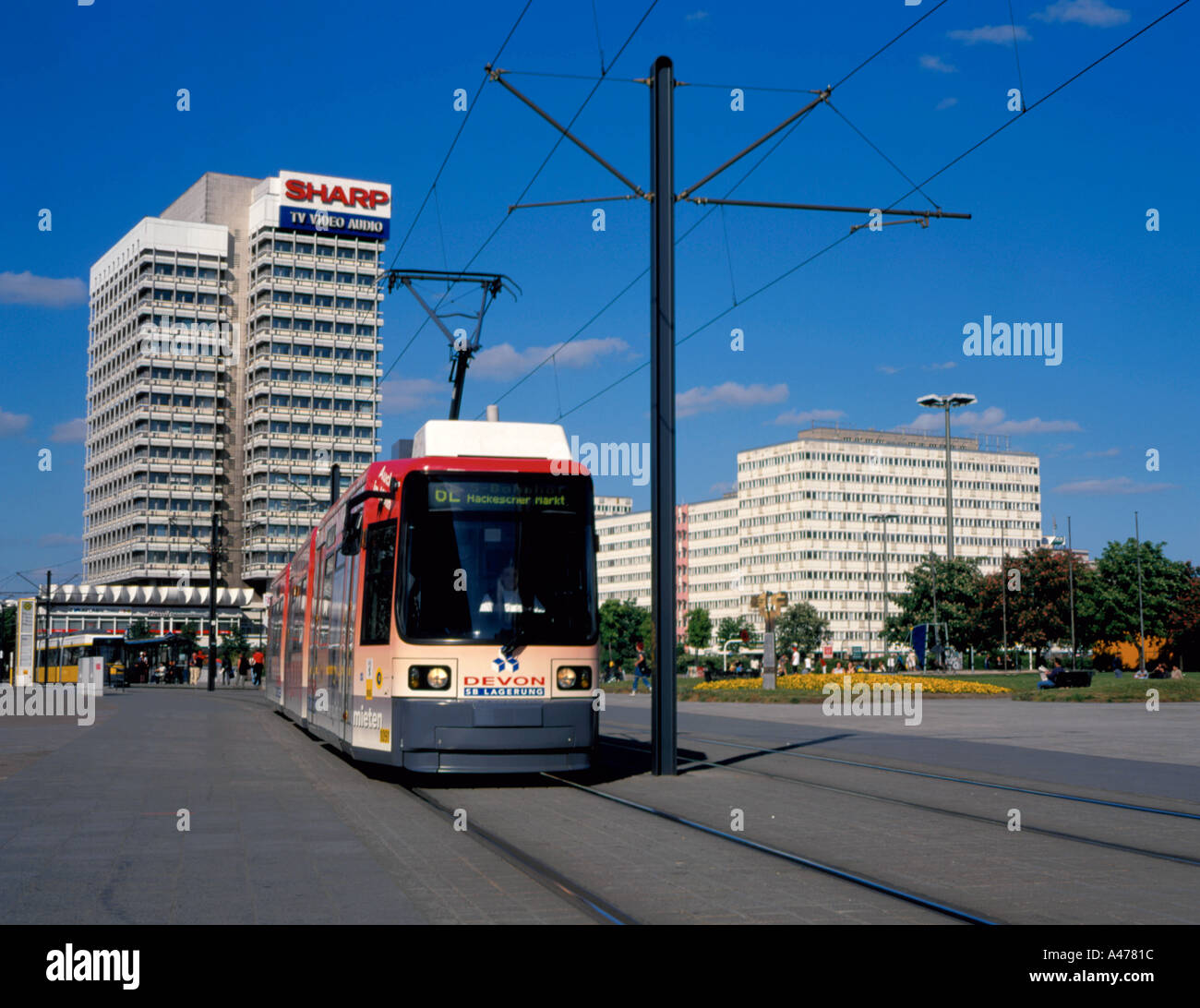 Tram and appartment blocks, Alexanderplatz, Berlin, Germany. Stock Photo