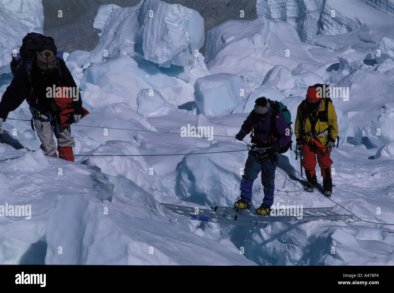 Lhotse crossing glacier creeks, Nepal. Stock Photo