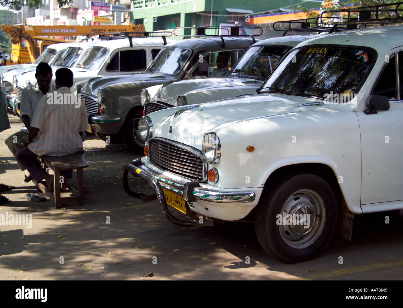 Ambassador taxis lined up for hire, Pondicherry, South India Stock Photo
