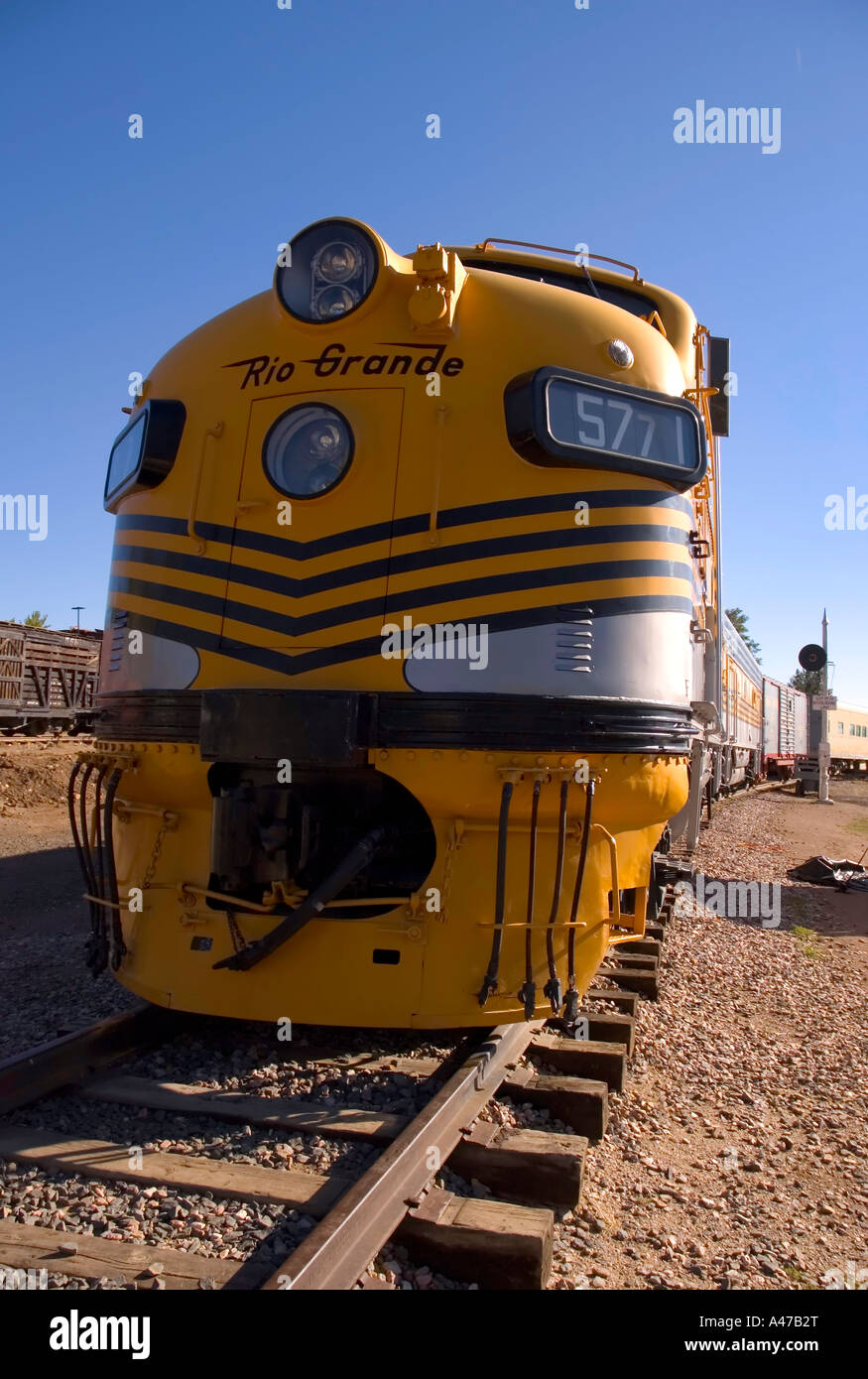 Frontal view of a diesel engine from the Rio Grande railroad at the