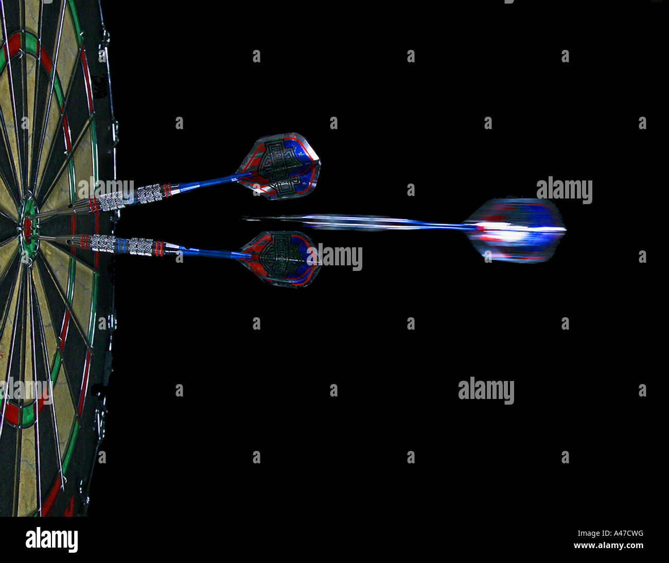 Third Bulls Eye Dart in Flight Commonly Known as a Hat Trick Stock