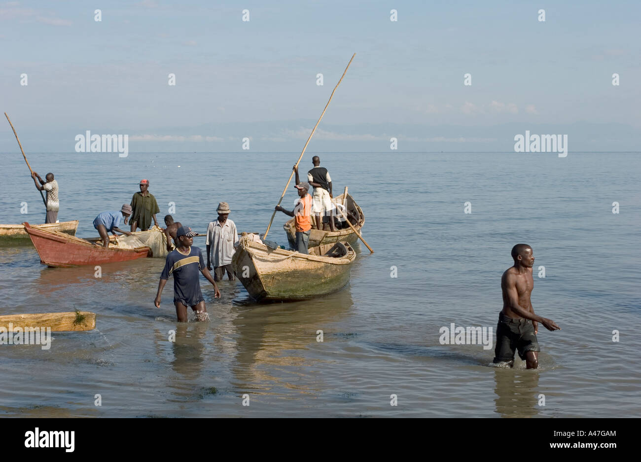 Fishermen bringing in catch on shore of Lake Albert, Northern Uganda