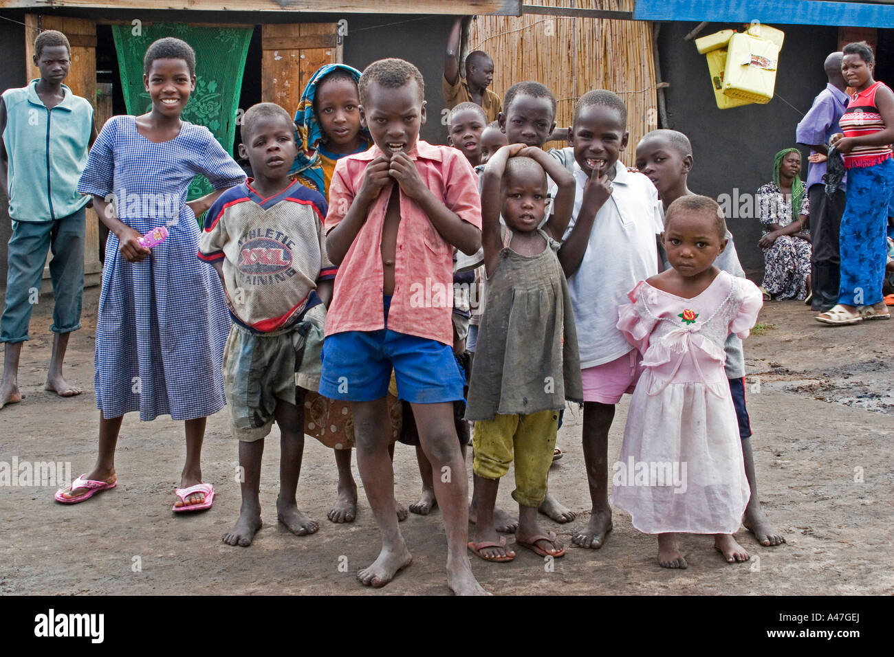 Local village children in remote fishing community, Lake Albert, Northern Uganda, East Africa Stock Photo