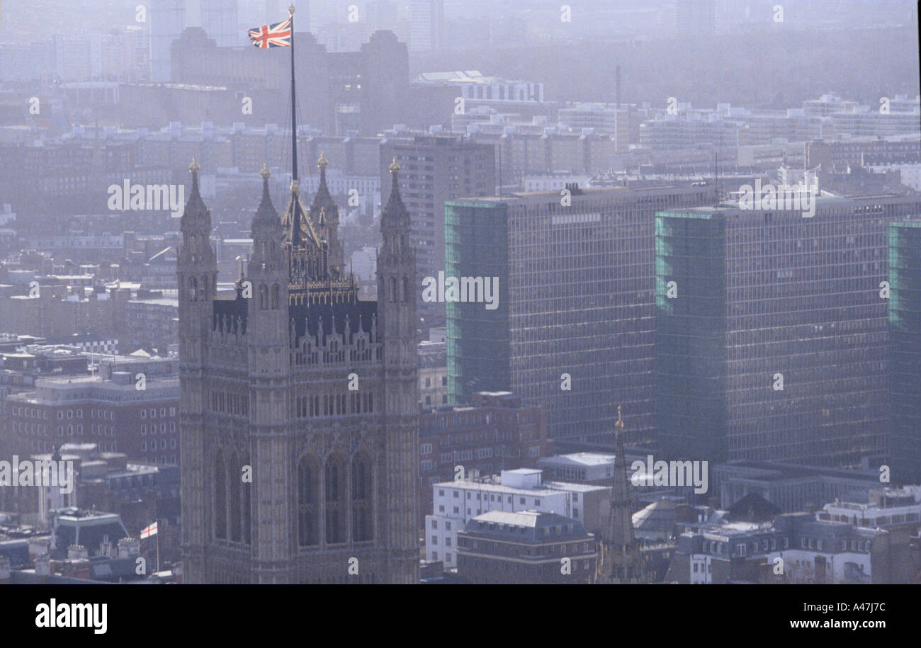 Houses of Parliament from the air with London in the background Stock Photo