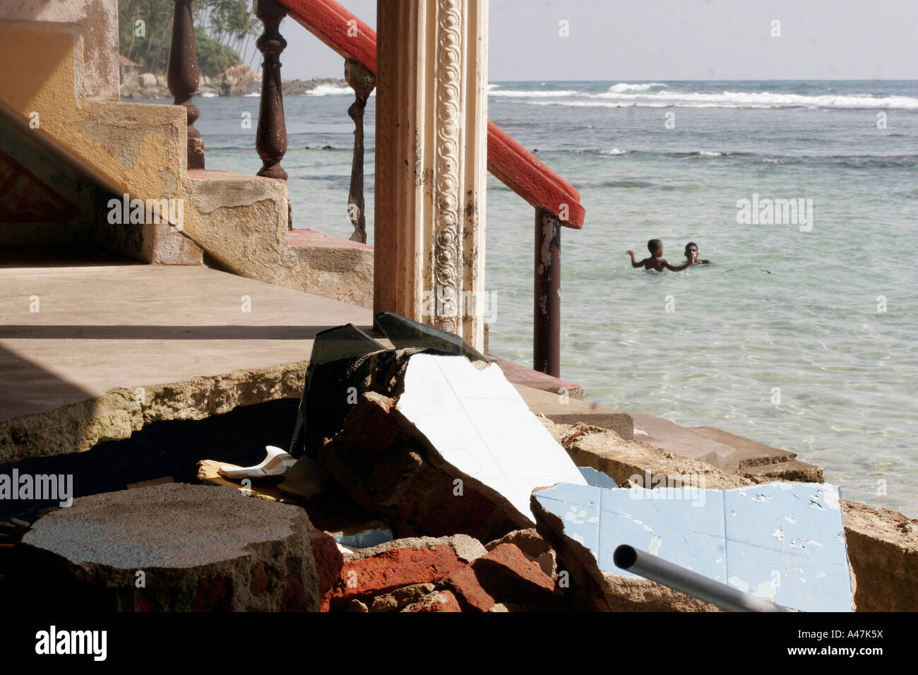The Milton Beach Hotel still lays damaged almost a year after a tsunami hit Sri Lanka Stock Photo