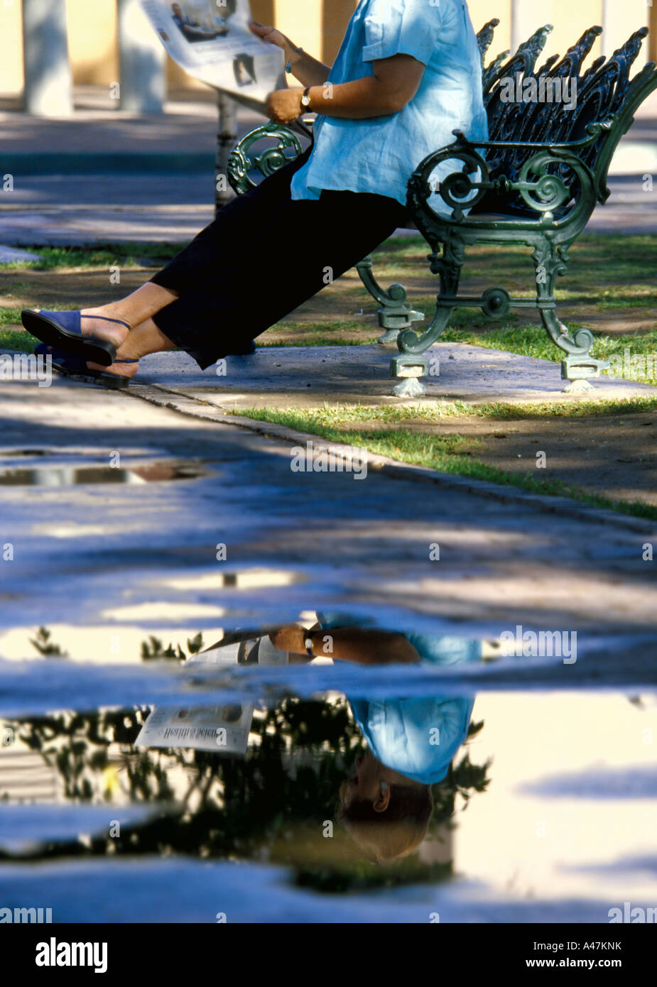 Woman reading on park bench with puddles Stock Photo